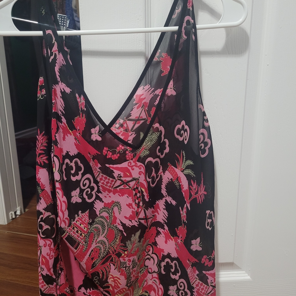 Black & Pink Floral Silk-Look V-Neck Tank